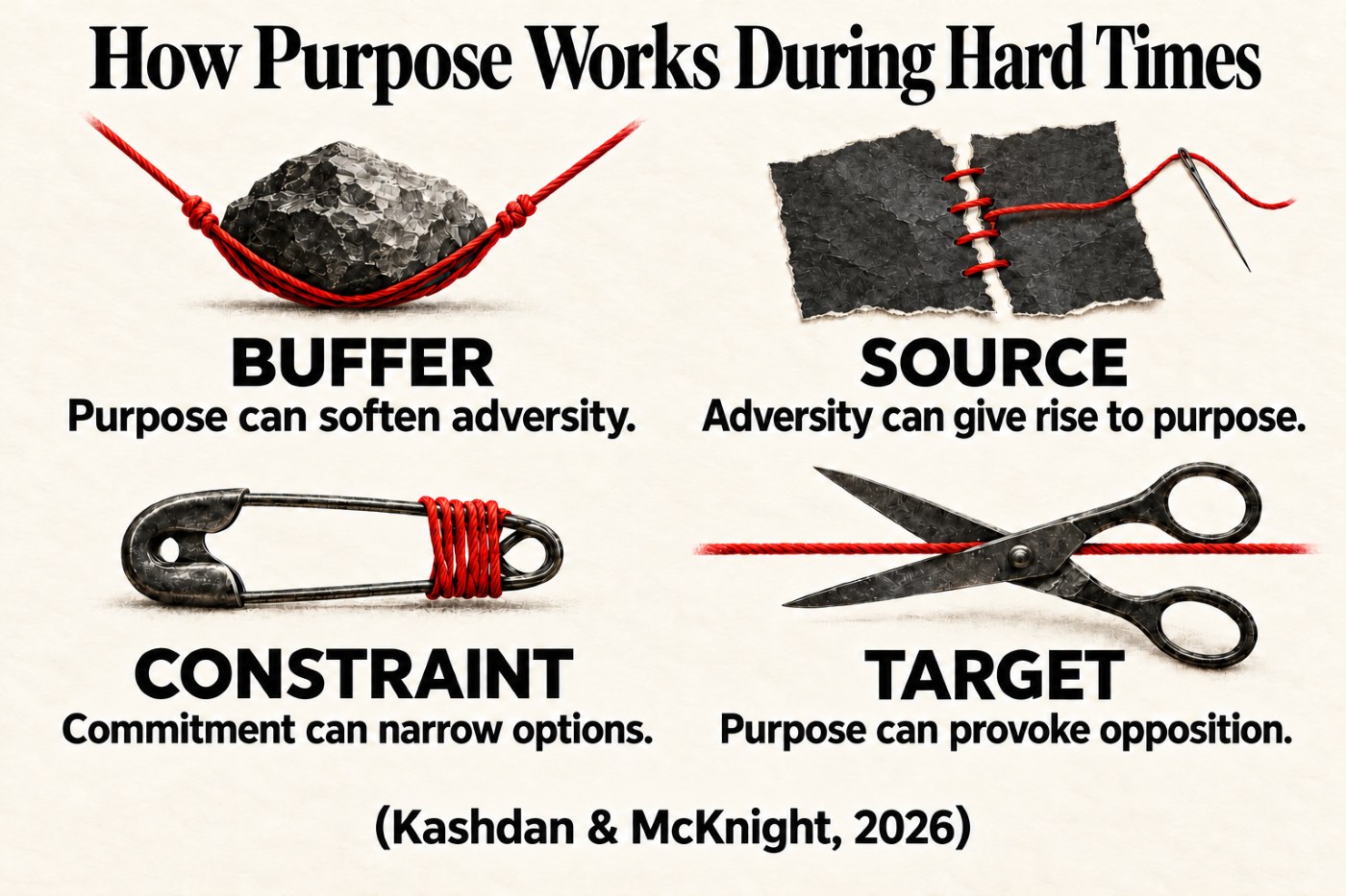 How Purpose Works During Hard Times (Kashdan & McKnight, 2026): Buffer, purpose can soften adversity. Source, adversity can give rise to purpose. Constraint, commitment can narrow options. Target, purpose can provoke opposition.